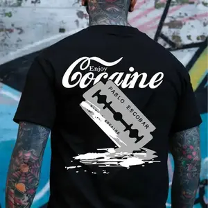 ENJOY PABLO ESCOBAR Black Print Shortleeve Casual Round Neck Streetwear Sports Top, Comfortable Athletic Apparel for Daily Wear men day style cotton comfort t-shirt