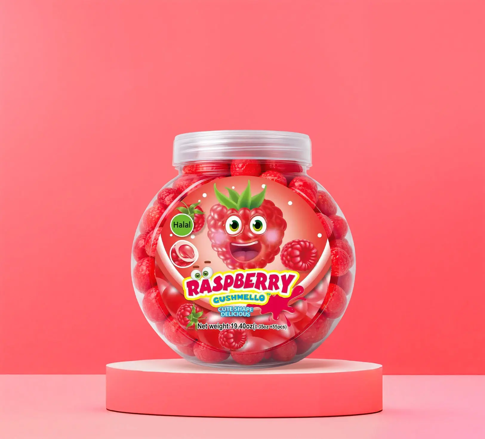 Zoomi™ Gushmello Raspberry Jar Halal Candy Pack - Bite-Sized Sweet Fruit Gummies, Soft Chewy Treat, Tangy Snack with Bovine Gelatin, Carrot Juice Concentrate, Room Temp Storage, 24 Months Shelf Life for Adults