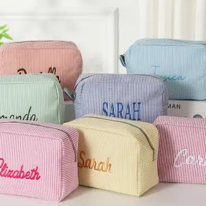Monogrammed Seersucker Toiletry Bag: Custom Bridesmaid Makeup Bag