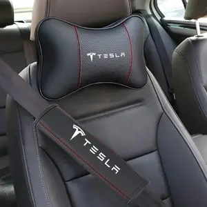 Car Safety Neck Pillow Headrest Cushion, PU Leather Seat Belt Shoulder Pads, for Tesla Model 3 S X Y Roadster Spacex