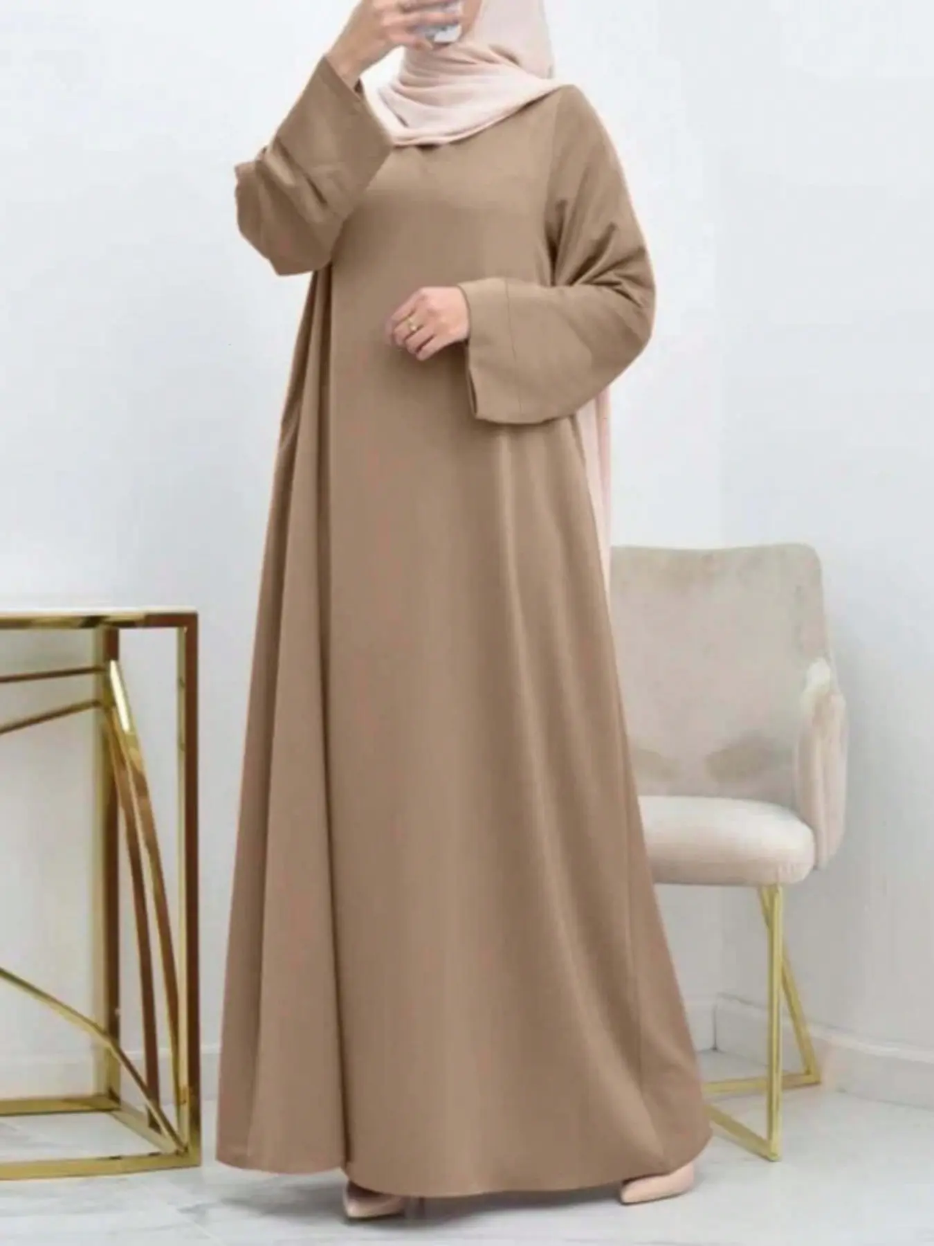 Fashionable Women's Round Neck Muslim Clothing, Belted Loose Abayas Long Dress, Woven Fabric, All Seasons Wear, Modest Style, Comfortable Fit