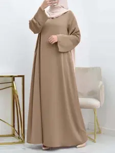 Fashionable Women's Round Neck Islamic Belted Abaya Loose Long Dress, Woven Fabric, All Seasons Wear, Modest Style, Comfortable Fit