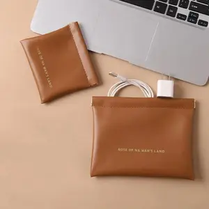 Portable PU Leather Mini Storage Bag，Creamy-Feel, One-Press Open Self-Locking Design, Anti-Scratch & Water-Resistant, Small Gadget Pouch for Desk, Travel, or Purse (Fits Cords, USB, Earbuds…)
