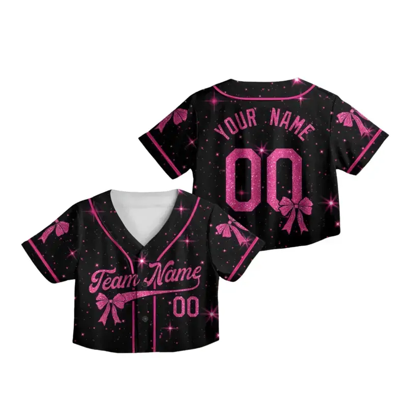 A personalized crop baseball jersey featuring coquette bow details, custom team name, player name, and number for a playful Y2K-inspired look.