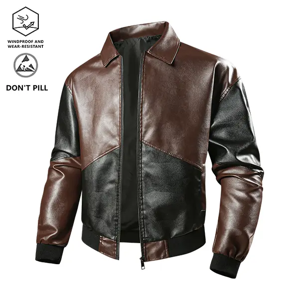 Men’s color-block patchwork jacket with a turn-down collar and full zipper closure; abrasion-resistant, windproof leather outerwear with ribbed hem and long sleeves that resist pilling; suitable for motorcycle riding, everyday streetwear, driving commutes