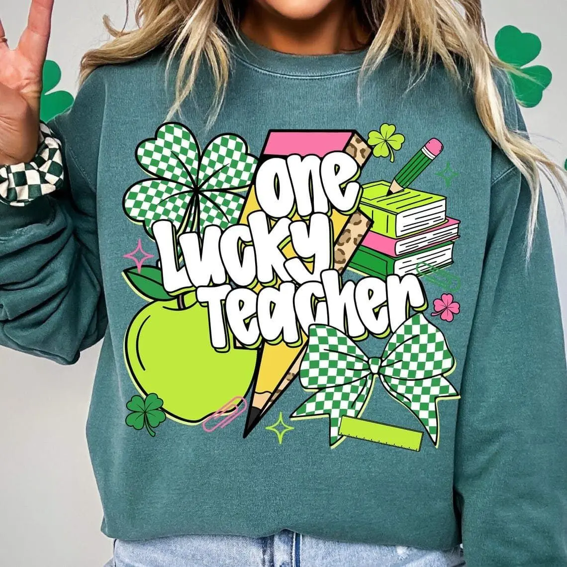 [Sale off up to 50%] Retro Teacher St Patrick's Day Coquette Sweatshirt, St Patricks day, Four Leaf Clover, Teacher St Patrick, Lucky Teacher Appreciation Gift, streetwear graphic tee