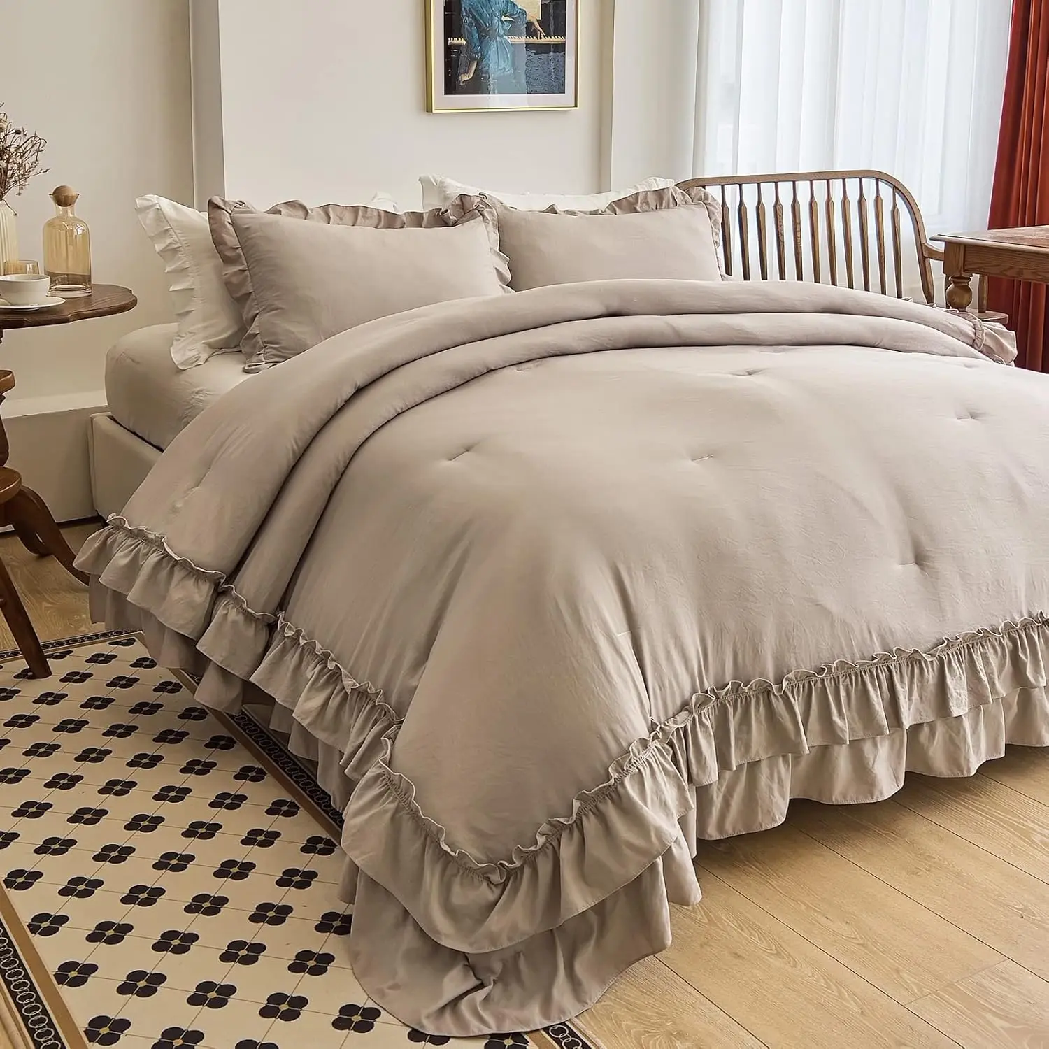 Taupe Comforters Queen Size, Vintage Boho Farmhouse Sets Ruffle Queen Comforter 3PCS(1 Comforter and 2 Pillowcases)