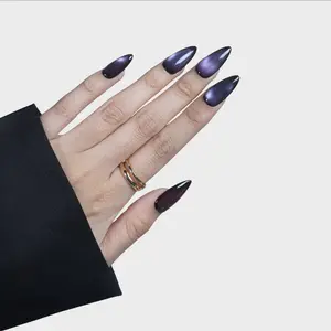 Medium Almond Press On Nails - Deep Purple-Black Chrome with Dark Shimmer - Reusable False Nails, Siyou Nightshade
