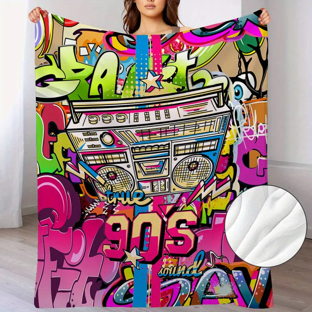 Colorful 80s 90s graffiti blanket, gifts, fashion style, radio, boombox, photography, fashion style, throw blanket for S, S S - Soft and fluffy colorful blanket for sofa, couch bed - 280Gsm