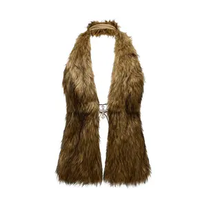 Faux Fur Halter Vest Sleeveless Tie Backless Fuzzy Tank Top