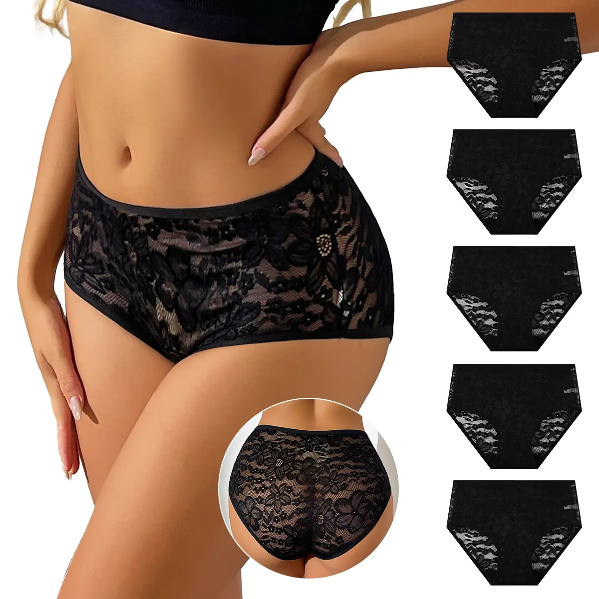 Hotcom Lady Women's Chic Lace Hipster Briefs - Soft, Breathable Knickers, 5/10 Pack, S-XL Plus Size, Black Lingerie Fabric for Everyday Wear