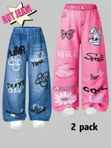 Girls' Wide Leg Pants Set, Fashion Graffiti Letters Floral Heart Print Knit Jeans, Casual Loose Soft Comfortable, 3+ Years