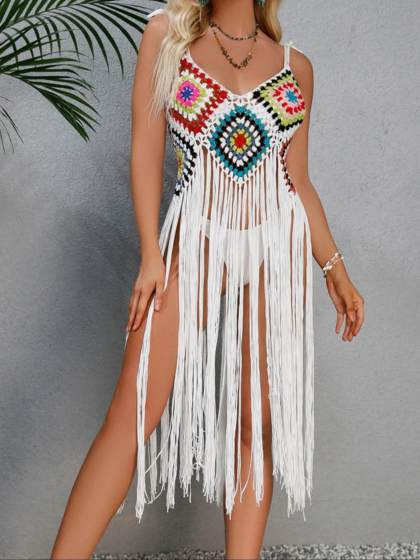 Women's Geometric Print Fringe Trim Tie Shoulder Crochet Cover Up, Boho Style Backless Sleeveless Top for Beach Holiday Vacation, Swimsuit Cover Up, Swimwear Cover Up, Beach Coverup, Beach Cover Ups, Summer Clothes, Beach Outdoor Wear