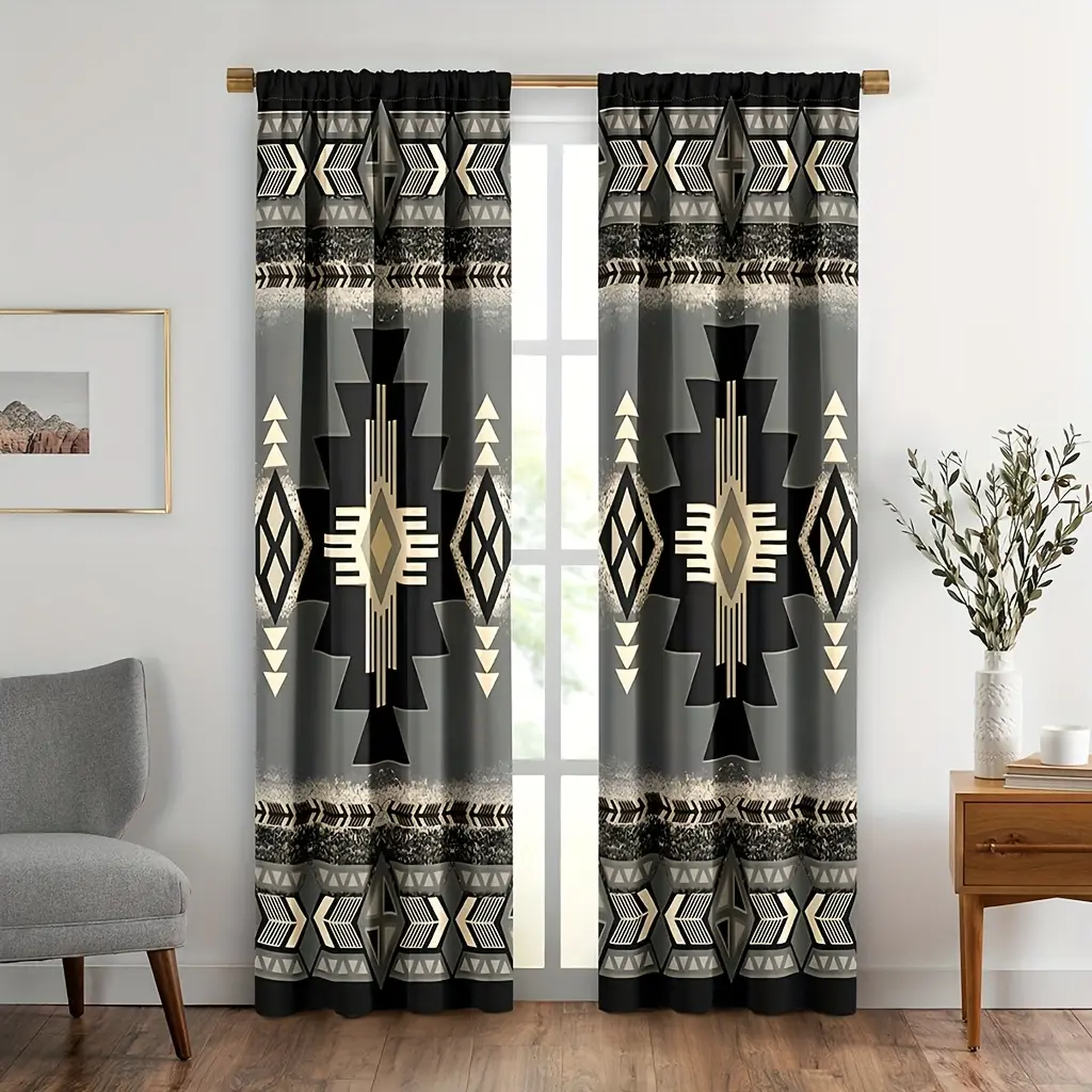 2pcs Aztec Curtain Panels - Boho Southwestern Geometric Drapes, Home Decoration Curtain for Living Room, Farmhouse Style Interior Decoration Accessories