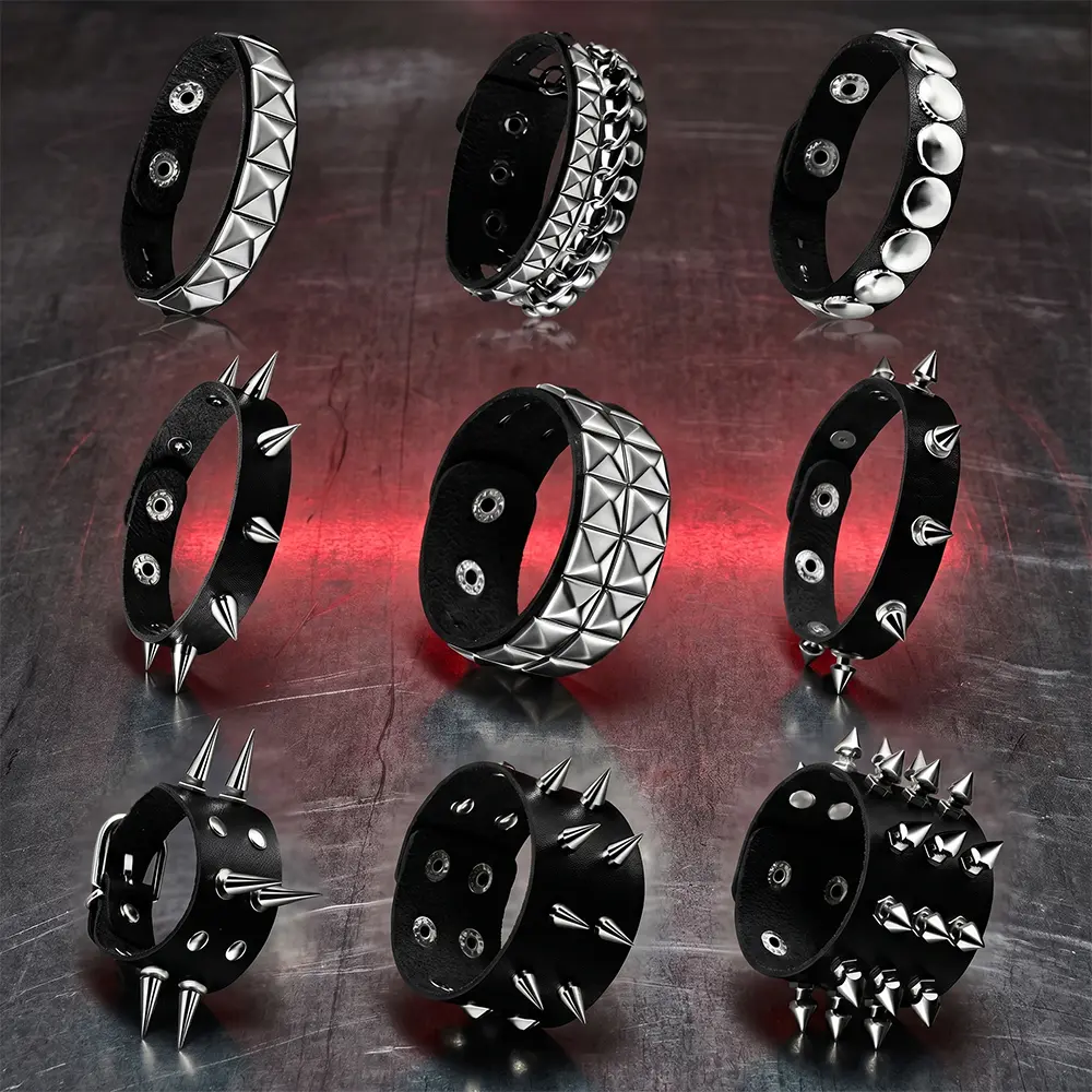 9Pcs Punk Studded Bracelet Goth Bracelet Leather Rivets Spike Bracelets Cuff Adjustable Metal Wristband Gothic Accessories - Home Improvement., Adjustable Bangle, Cuff Bracelet Set, Role Play