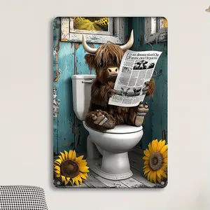 1pc Vintage Highland Cow Metal Wall Art, 8x12 inches Iron Bathroom Reading Newspaper Decor, Waterproof and Weatherproof, Ideal for Home, Bar, Cafe, Man Cave Decoration