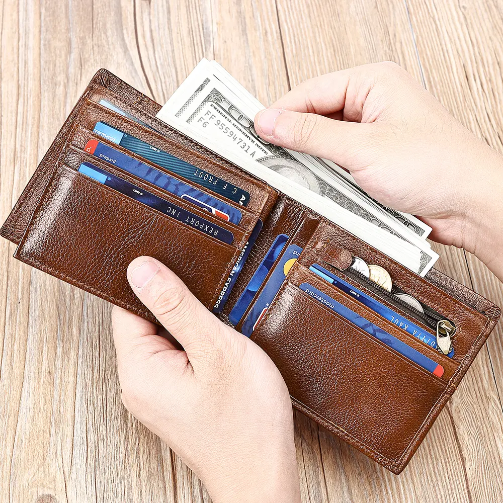 Genuine Leather Bifold Wallet for Men with RFID Blocking – Large Capacity Retro Cowhide Card Holder & Purse with Coin Pocket