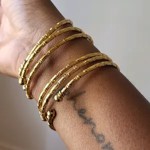 Goddess Brand 6 Piece Gold Plated Stainless Steel Stackable Bangles Set Exquisite Bracelet Faith Wear Jewelry Fashion Bracelets 18K Gold Plated Adjustable Cuffs 2MM Thickness Lightweight Comfortable Everyday Wear