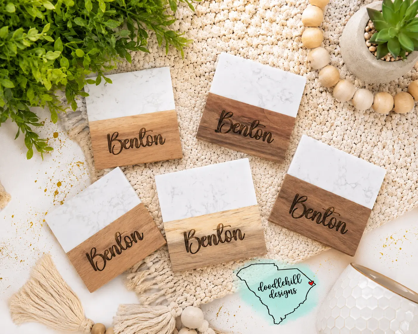 Personalized Marble & Acacia Wood Coaster Set with Stand | Custom Name Engraved Coasters | Realtor Closing Gift | Wedding Gift | Housewarming Gift