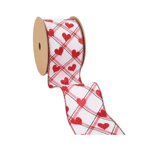 Wired Ribbon | White w/ Red Glitter Heart on Bias Plaid | 10 Yard Roll Valentine’s Day wrapping gifts red heart shape ribbon