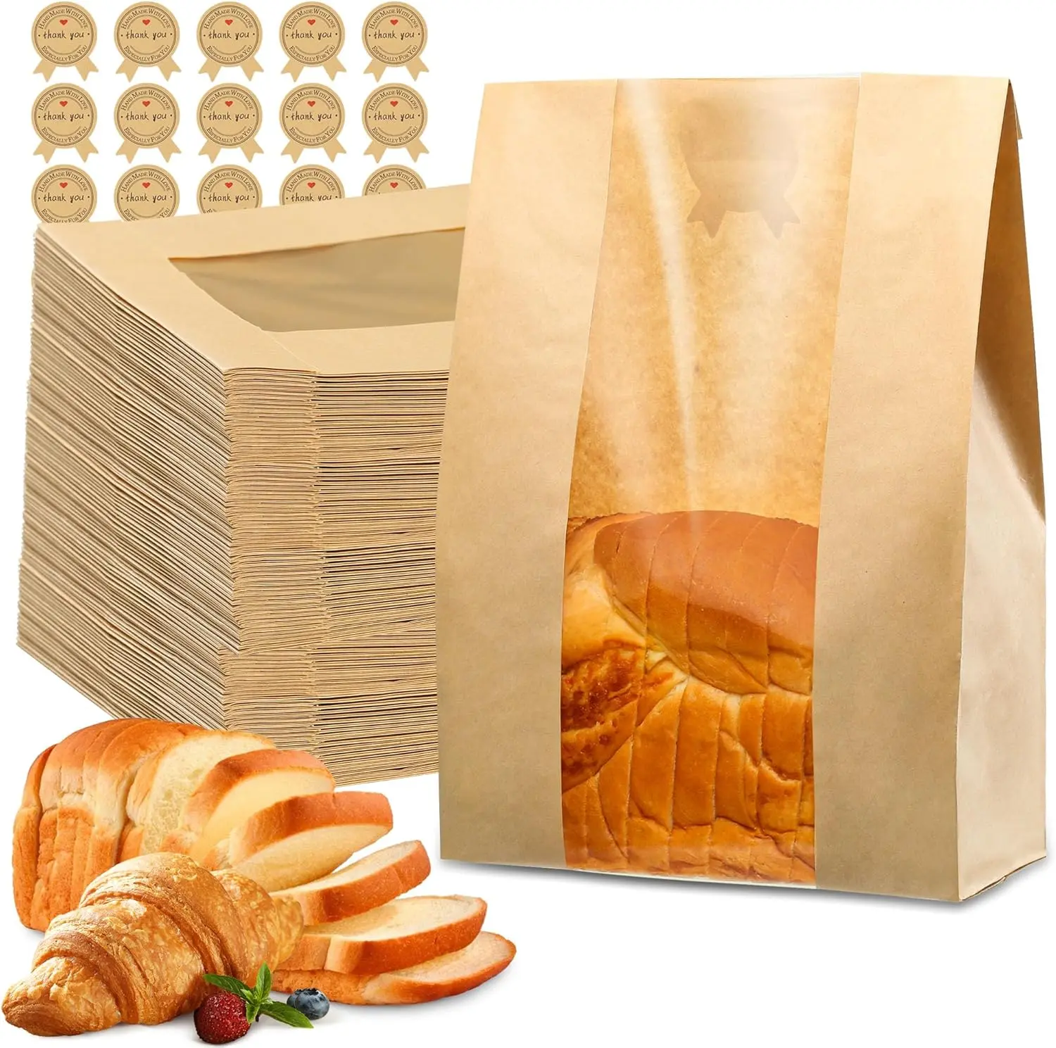 50 Pcs Disposable Foldable Kraft Paper Bread Bags with Window View, 50% Thicker 13.7x8.3x3.7in Large Bakery Bags for Homemade Bread & Sourdough Storage, 60 Cute Sealing Stickers & Ties (Bonus for Cookies/Snacks)