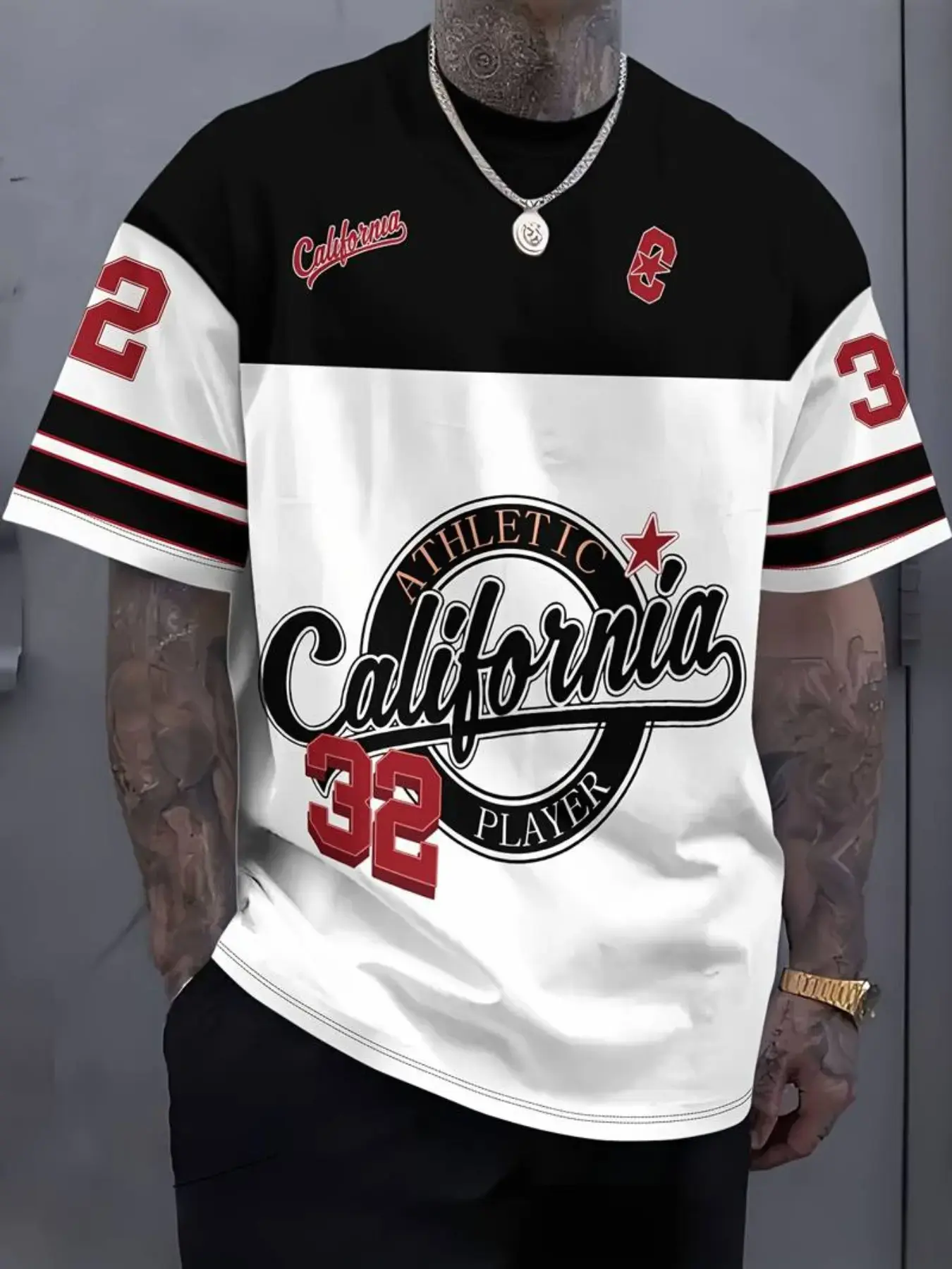 Men's Vintage California Basketball Jersey T-Shirt, Basketball Wear, 'california 32' Art Design, 3D Digital Short Sleeve, Summer Casual Sport Style