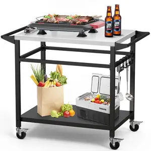 Grill Table Cart with Double Shelf, Outdoor Rolling Food Prep Table, Black Outdoor Grill Cart for Patio, BBQ & Cooking