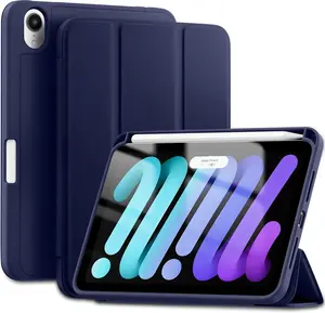 for iPad Mini 7/6 Case 2024/2021 (A17 Pro), for iPad Mini 7th/6th Generation Case 8.3 Inch with Pencil Holder, Slim Trifold Stand Cover with Soft TPU , Auto Sleep/Wake, Navy