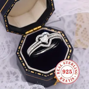 2Pcs Dazzling Women's Fashion 925 Sterling Silver Heart Wedding Ring Set Engagement Party Birthday Anniversary Christmas Gifts for Women Girlfriend Fine Jewelry US Size 5-11#