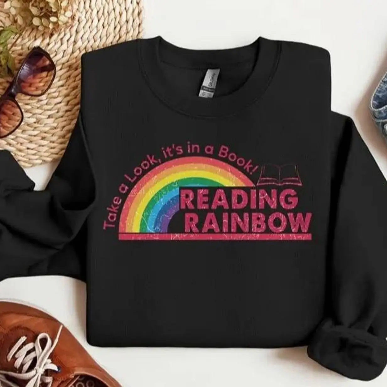 Reading Rainbow Sweatshirt, Reading Rainbow Sweatshirt, Teacher Appreciation Gift, Retro Book Lover Graphic Tee, Elementary School Teacher Apparel, Cute Classroom Educator Shirt, Literacy Librarian Gift, Cute Bookish Outfit Gift for Women & Men