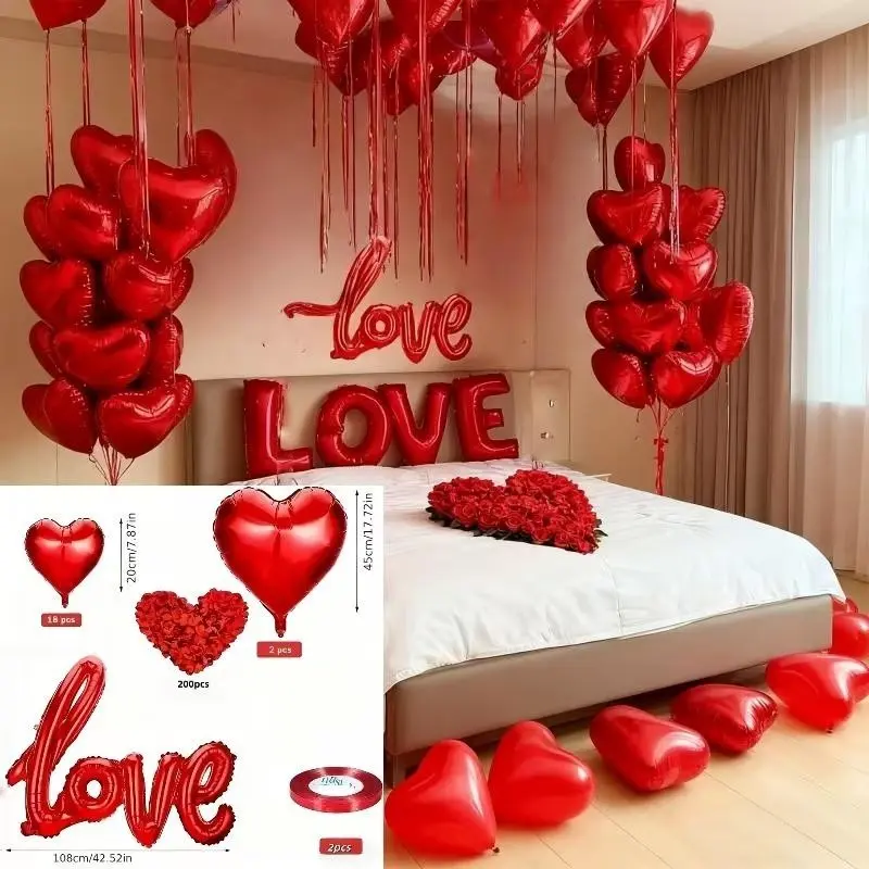 Romantic Valentine's Day Balloon Decoration Set, 200 Rose Petals, 20 Heart Foil Balloons, Perfect for Proposal, Wedding, Anniversary, Heart Shaped Balloons