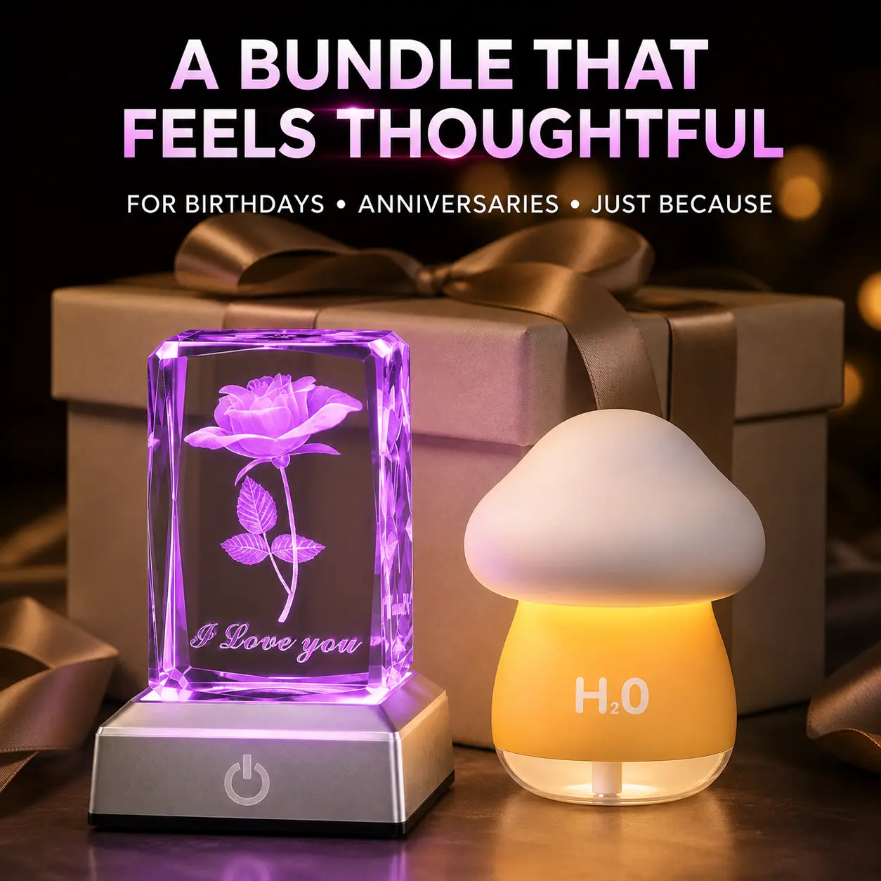 2-Piece Cozy Night Bundle - Yellow Mushroom Humidifier, 3D Crystal Rose LED Touch Base Light, Bedroom Desk Decor Gift Set