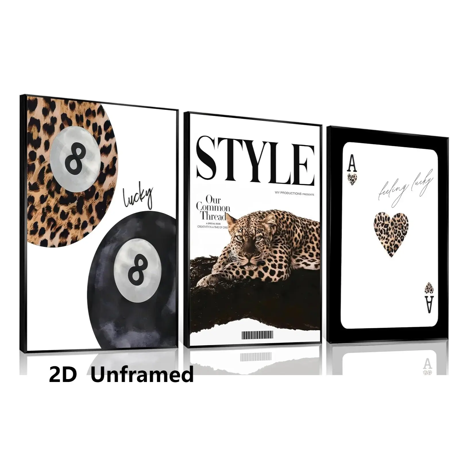 Set of 3, stylish Leopard Printed canvas wall art, college-style room decor, cheetah-patterned poster, Animal Prints, Animal Print Design, fun “Lucky 8” ball wall decoration, perfect for girls' bedrooms, apartments, and dorm rooms, frameless