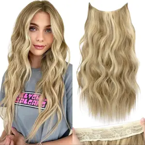 AISI HAIR New 16/20 inch Wavy Invisible Wire Hair Extensions with Transparent Wire Hairpieces for Women halo hair Synthetic Extension Highlight Blonde Wavy