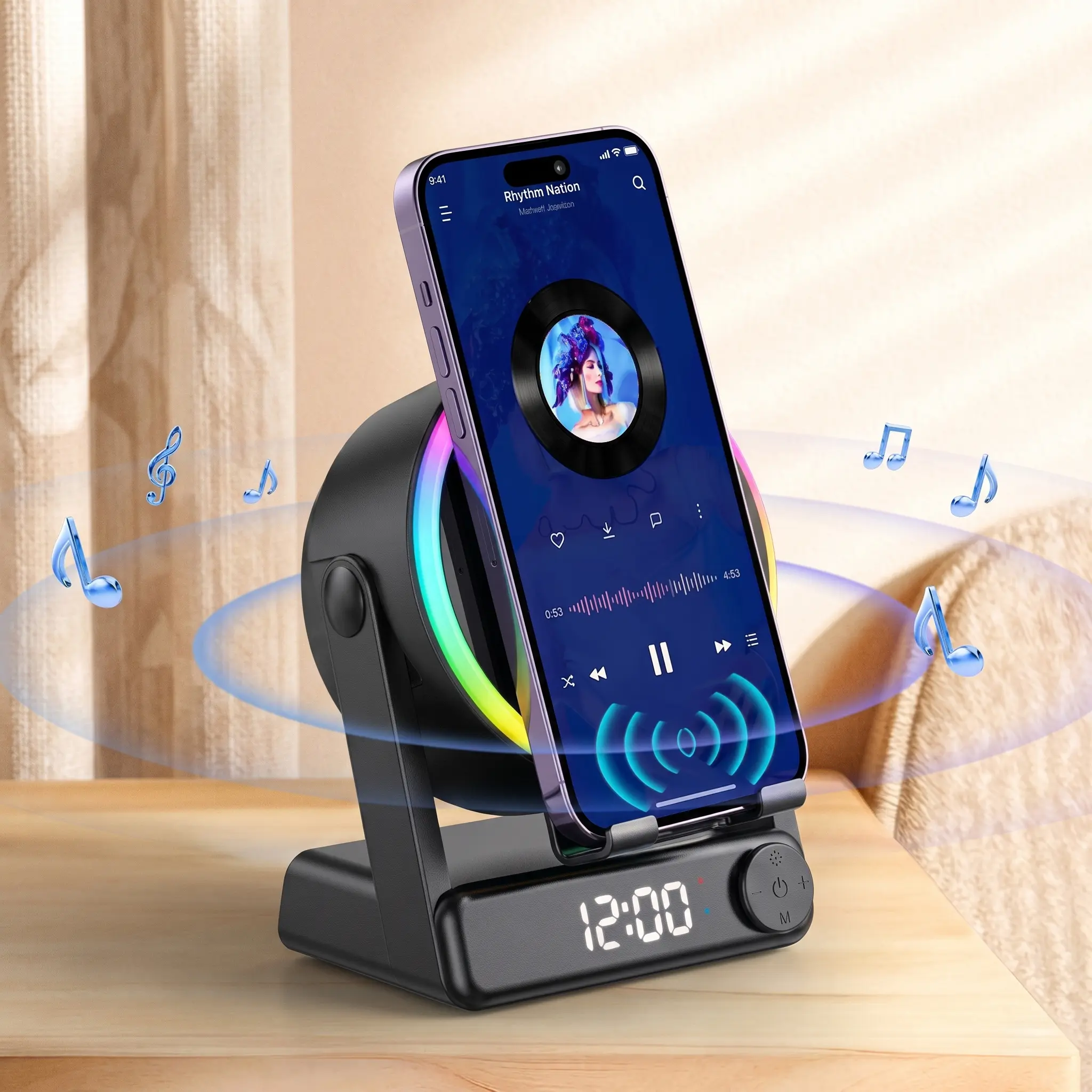MFHHFM 5 in 1 Wireless Induction Speaker with Phone Stand, Bluetooth Speaker, Digital Alarm Clock, Stereo Sound Amplifier, RGB LED Night Light, 360° Adjustable Holder for iPhone, Android & iPad, Tech Gifts for Men Women Teens