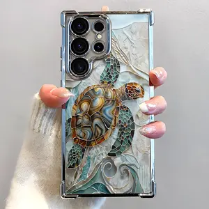 Marble Sea Turtle Pattern Phone Case,Electroplated Cover with Airbag Shockproof Slim Soft TPU Cover for Samsung S26 S25 S24 S23 S22 Ultra S25Edge S24FE Plus S25+ Cute Artistic Stained Glass Style