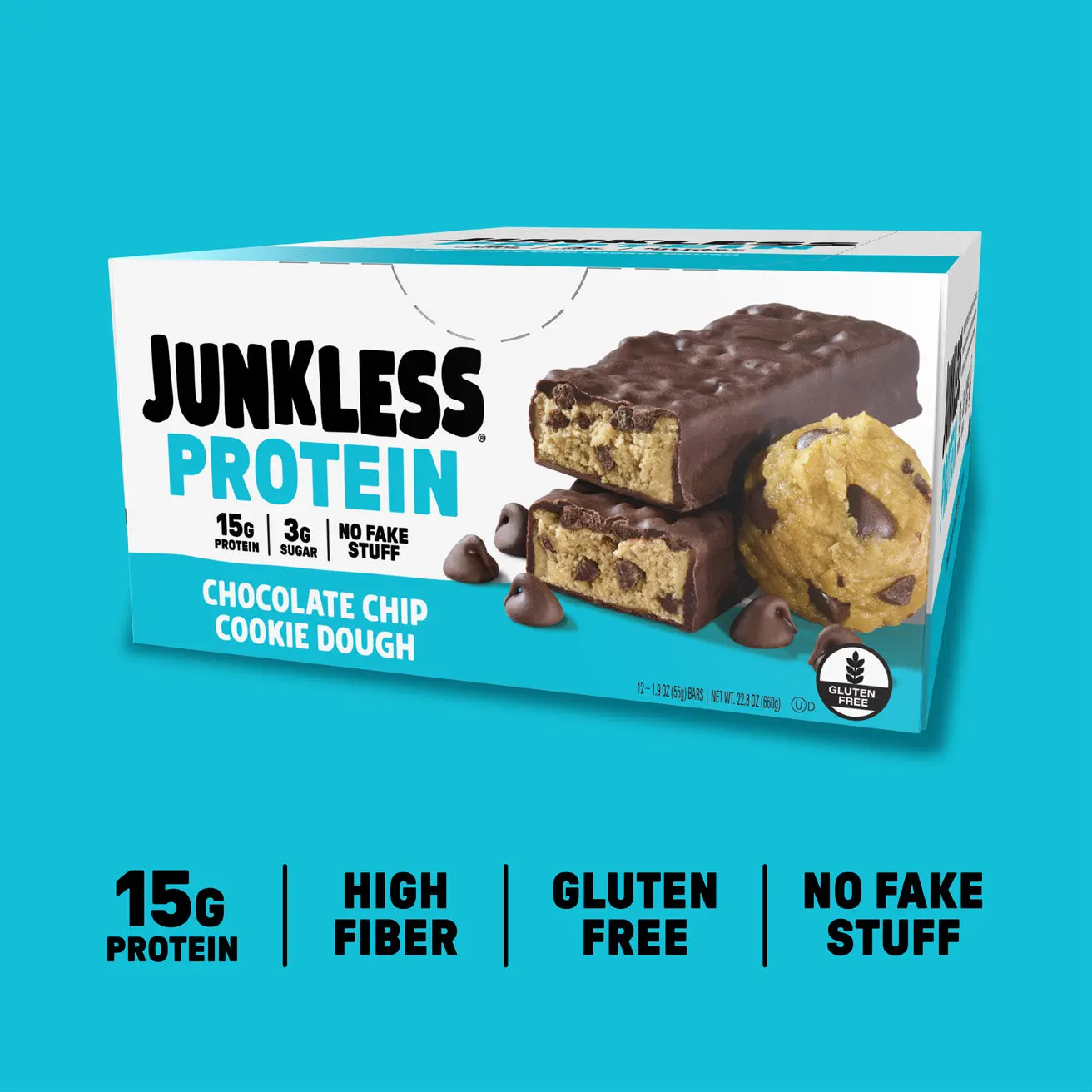 JUNKLESS Protein Bars Chocolate Chip Cookie Dough - 15g Protein, 3g Sugar, High Fiber, Gluten Free, Clean Ingredients