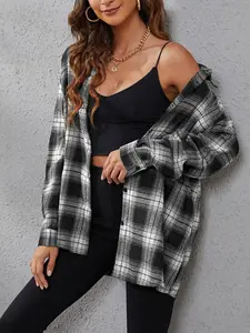 Women's Plaid Coat, American Street Style Aesthetic Loose Checkered Print Shirt for Everyday Outings and Casual Wear Womenswear Fitted