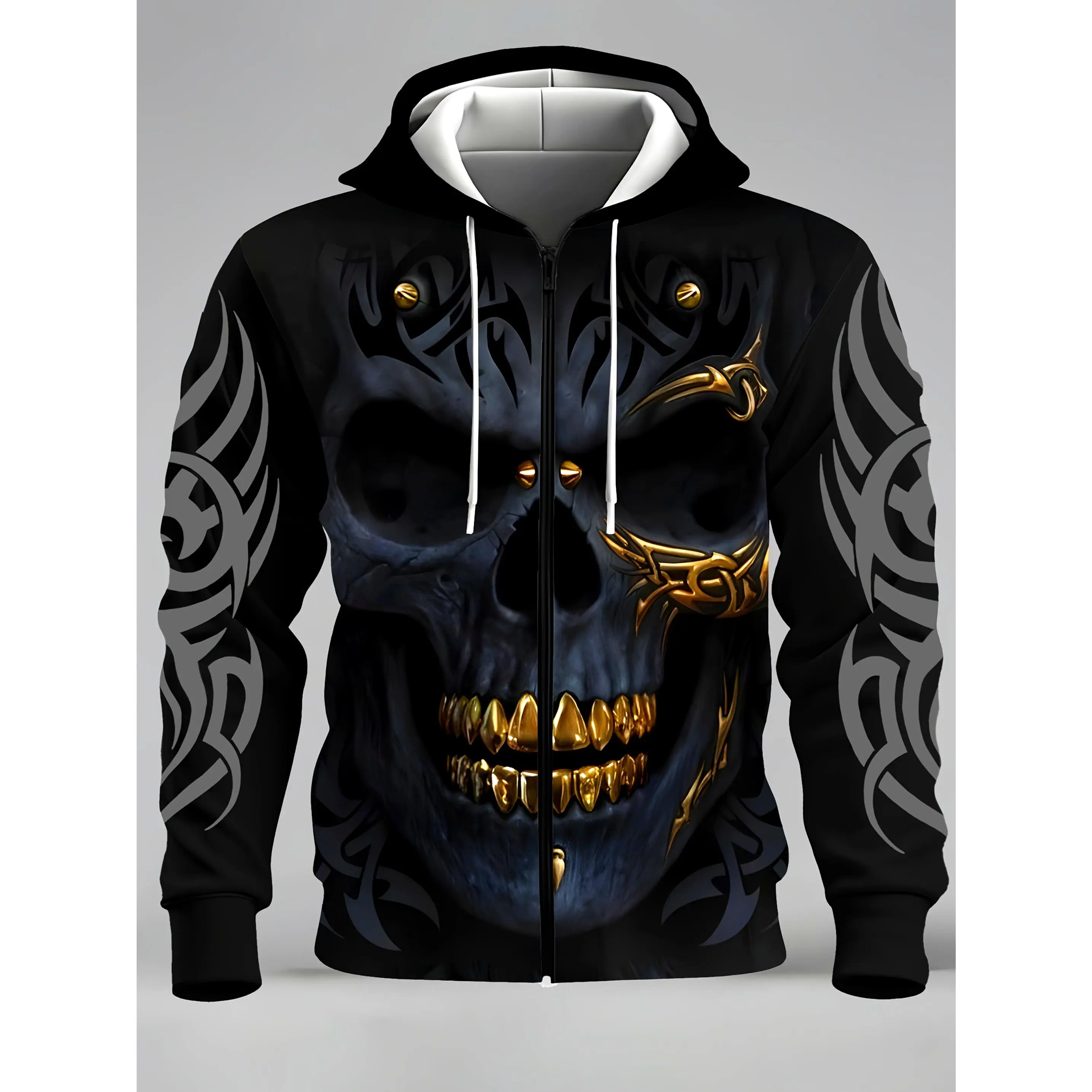 Men's fashionable casual novel skull pattern printed zipper pocket hoodie