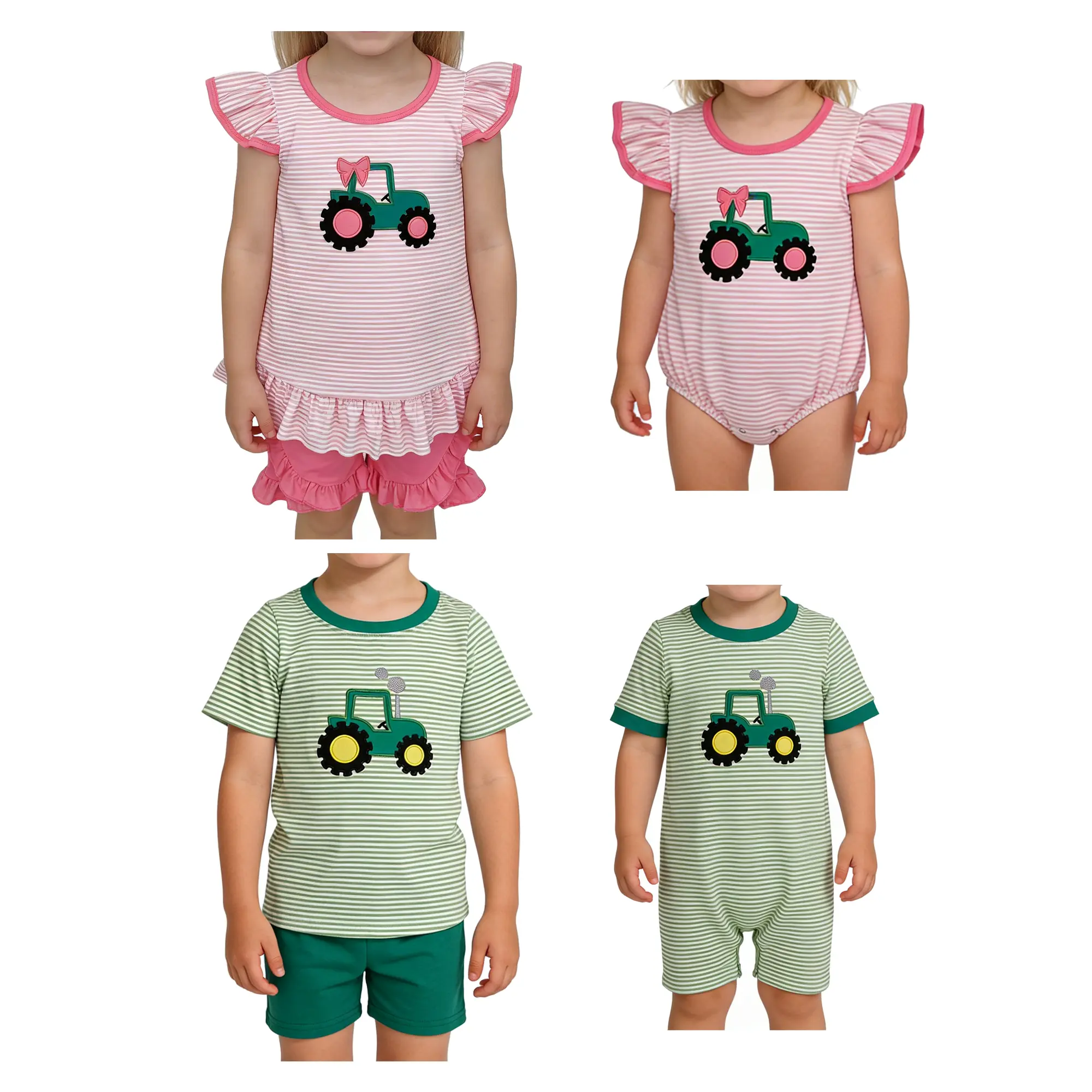 Baby Girls' 2-Piece Cute Clothing Set - Striped Cotton Flutter Sleeve Top with Farm Tractor Embroidery and Matching Shorts Outfit, Striped Sets, Baby Clothes Girl