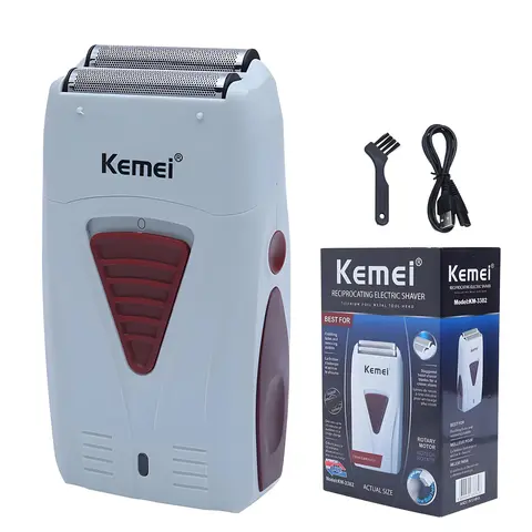 Kemei Km-3382 Rechargeable Showerproof Cordless Shaver with Dual Blades, Adjustable Trimmer, Wet & Dry Use, Ideal for Men's Grooming Kit, Shaver Machine, Waterproof Rechargeable Shaver