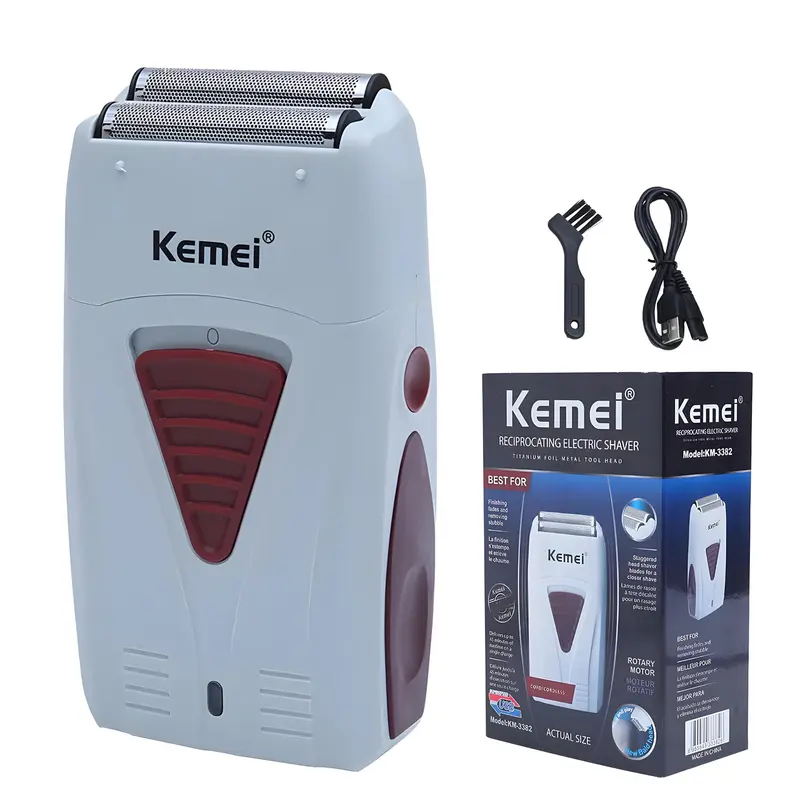 Kemei Km-3382 Rechargeable Showerproof Cordless Shaver with Dual Blades, Adjustable Trimmer, Wet & Dry Use, Ideal for Men's Grooming Kit, Shaver Machine, Waterproof Rechargeable Shaver