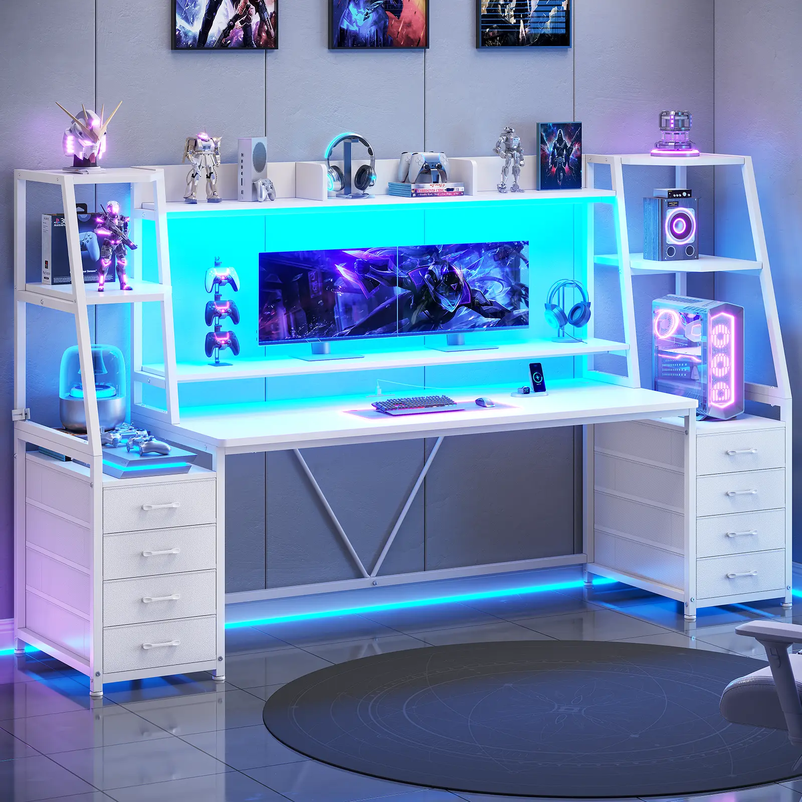 SEDETA Vintage 78.7 in Gaming Desk with RGB LEDs, Fabric Drawers, Storage Shelves, 8-Drawer Unit, Monitor Stand & Ergonomic Hutch for Office/Commercial Furniture Use