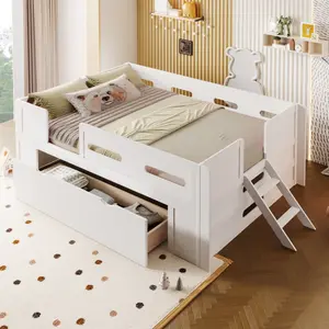 Modern Full Size Platform Bed with Guardrail and Large Drawer, Wood Kids Platform Bed Frame with Two-Step Ladder for Boys Girls, Sturdy Slats Support (White)
