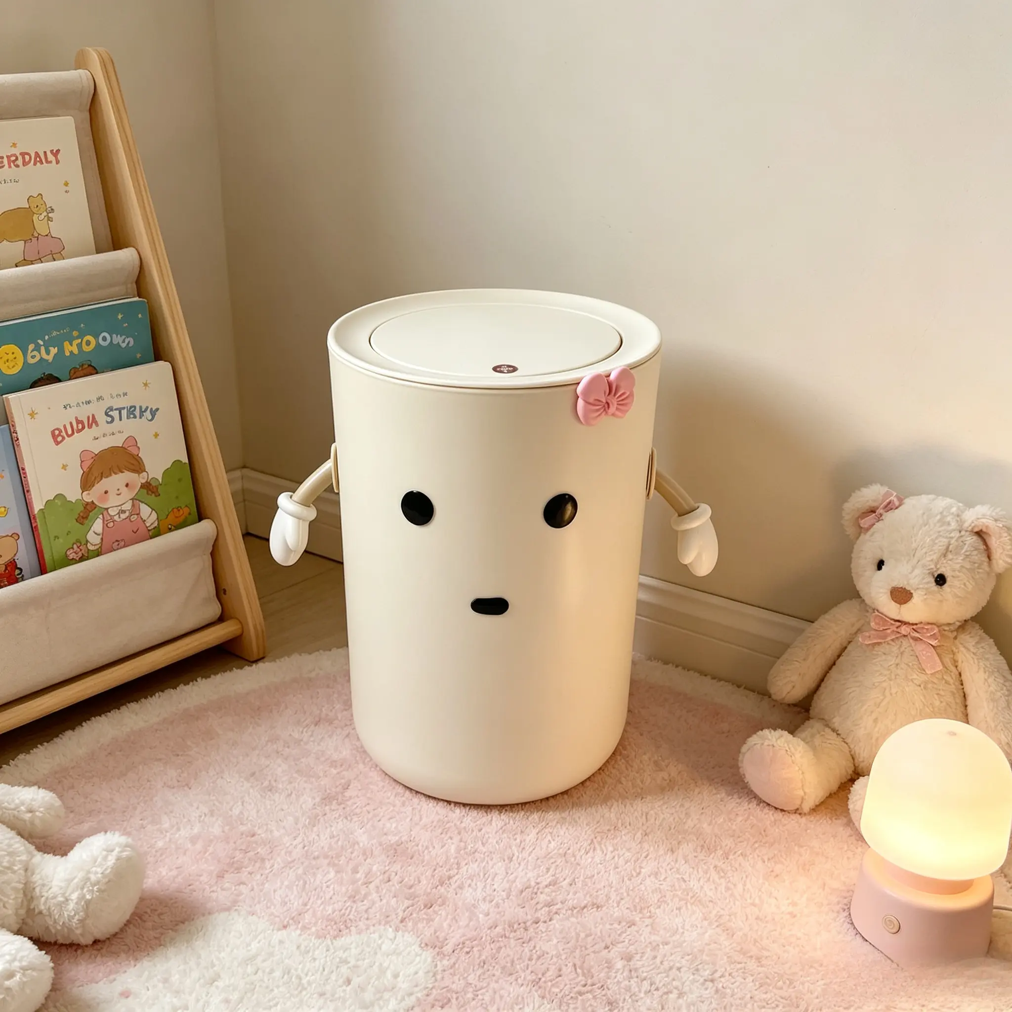 Cute Cartoon Press Lid Trash Can, Kawaii Bowknot Character Plastic Waste Bin, Cream White Lidded Rubbish Bin, Aesthetic Decorative Garbage Bin for Bedroom, Dorm Room, Kids Room, Vanity Desk