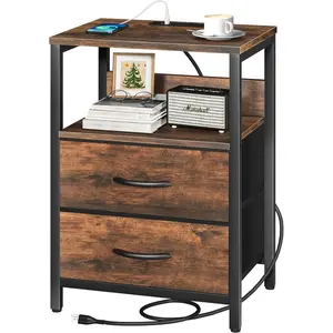 Nightstand with  Station, Small Night Stand with Fabric Drawers and Storage Shelf for Bedrooms, Small Spaces, Bedside Table with USB Ports & Outlets