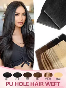 PU Invisible Weft Human Hair Extensions: Butterfly Micro Bead Weft, Glue-Free & Seamless Skin Base, Silky Straight Natural Hair, Full Ends Thick Volumizing Hairpiece