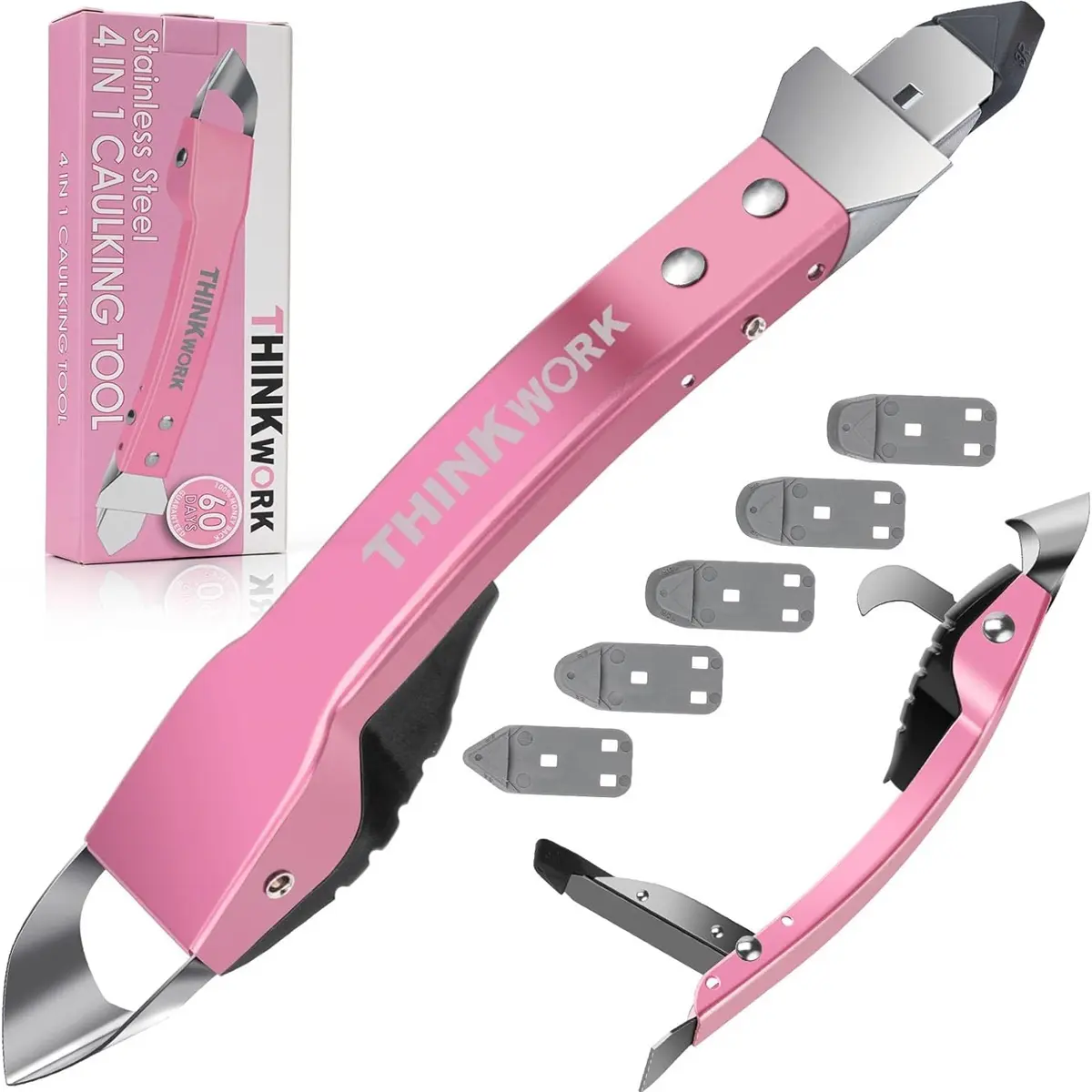THINKWORK Caulking Tool Kit, 4 in 1 Caulk Remover Tool, Stainless Steel Caulk Tool for Kitchen Bathroom Window Sink Tile Joint, Light Pink tool kit silicone caulking Silicone 3-in-1