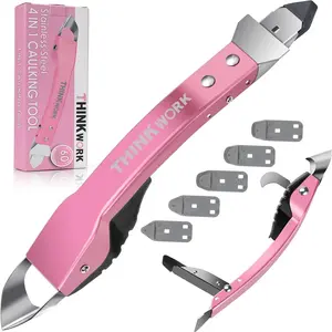 THINKWORK Caulking Tool Kit, 4 in 1 Caulk Remover Tool, Stainless Steel Caulk Tool for Kitchen Bathroom Window Sink Tile Joint, Light Pink tool kit silicone caulking Silicone 3-in-1