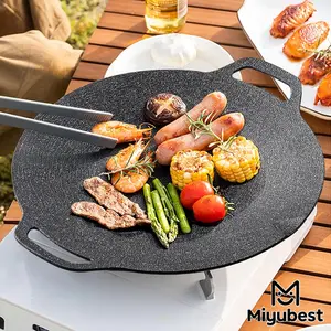 Grill Pan for Stove & Campfire Grill, 11.8 Inch Non-Stick Coating Cast Iron Griddle, Dual Layer Round Cooking Surface, Indoor Outdoor Use, Nonstick Grill Pan